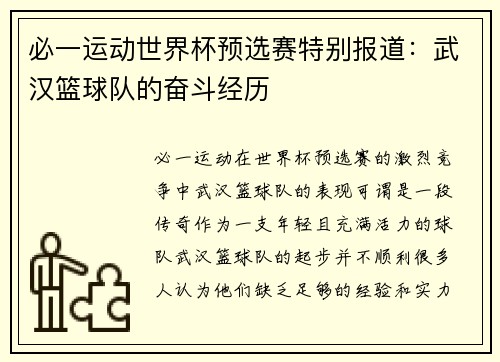 必一运动世界杯预选赛特别报道：武汉篮球队的奋斗经历